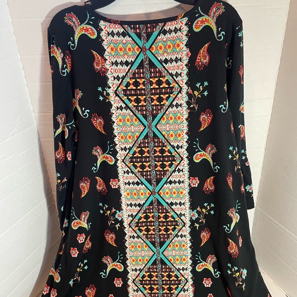 New Direction Boho Tunic Dress Geometric Paisley Med. 3/4 Tiered Bell Sleeves - Picture 3 of 12
